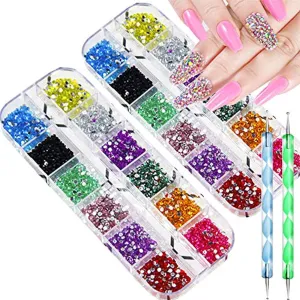 12 Colors Nail Art Rhinestones Kit Nail Rhinestones 4000 Pieces (2 Boxes) with 2 Pick Dotting Pen Flatback Nail Studs Horse Eye Rhinestones for Nail Art Decorations Supplies
