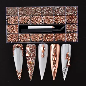 8620Pcs Mixed Crystal Nail Art Rhinestones Diamonds 14 Style Nail Crystal Flatback Multi Sizes 3D Decorations Rhinestone with Picking Pen(700 Pcs Crystals 7920 Pcs Rhinestones, Rose Gold)