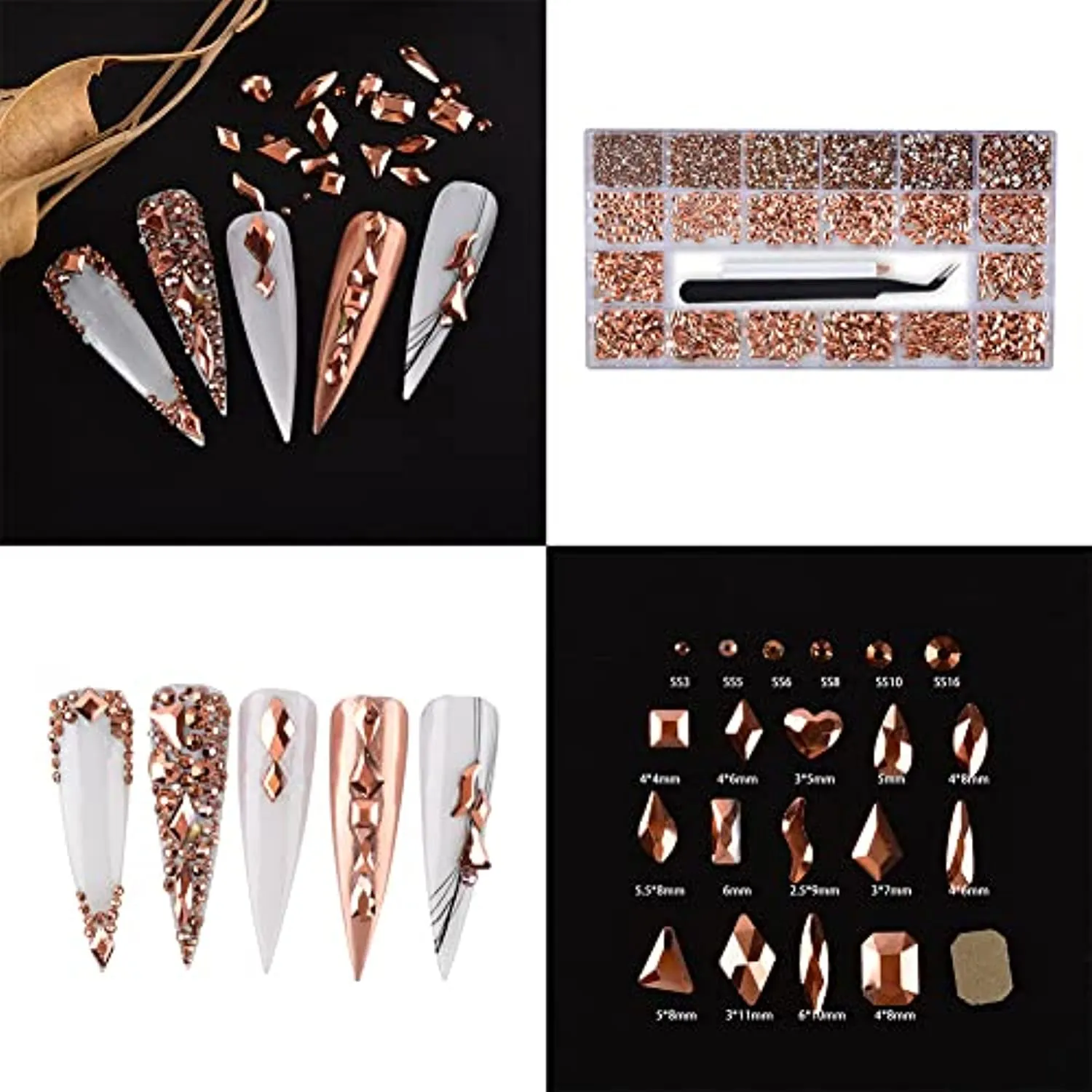 8620Pcs Mixed Crystal Nail Art Rhinestones Diamonds 14 Style Nail Crystal Flatback Multi Sizes 3D Decorations Rhinestone with Picking Pen(700 Pcs Crystals 7920 Pcs Rhinestones, Rose Gold)