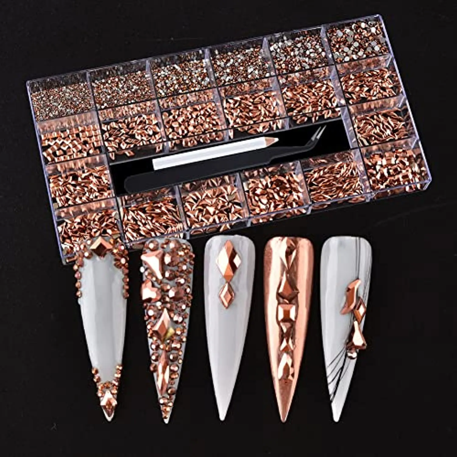 8620Pcs Mixed Crystal Nail Art Rhinestones Diamonds 14 Style Nail Crystal Flatback Multi Sizes 3D Decorations Rhinestone with Picking Pen(700 Pcs Crystals 7920 Pcs Rhinestones, Rose Gold)