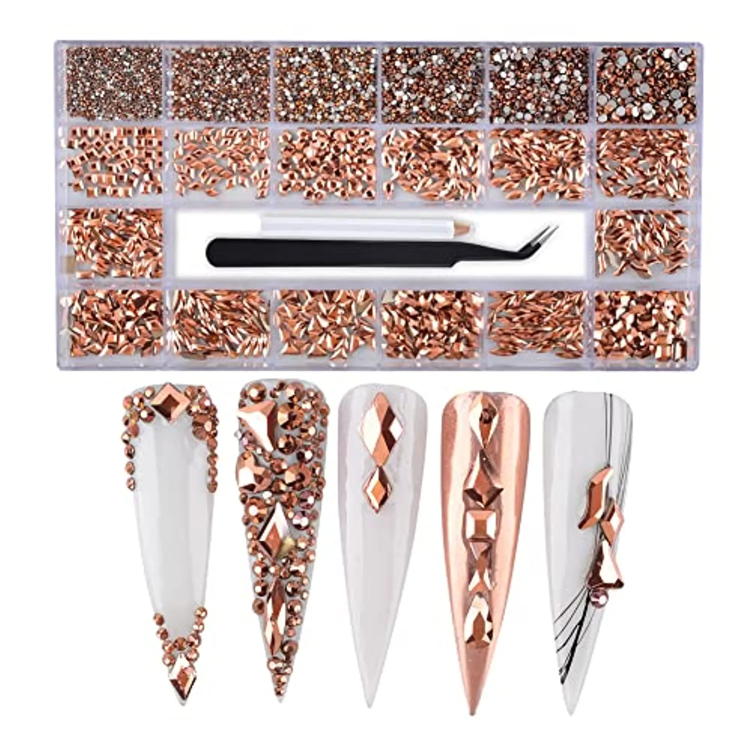8620Pcs Mixed Crystal Nail Art Rhinestones Diamonds 14 Style Nail Crystal Flatback Multi Sizes 3D Decorations Rhinestone with Picking Pen(700 Pcs Crystals 7920 Pcs Rhinestones, Rose Gold)