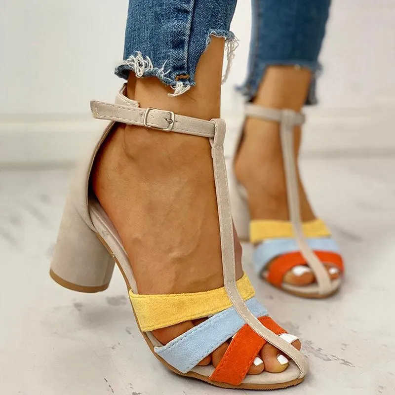 Ankle Buckled Colorblock Chunky Heeled Sandals