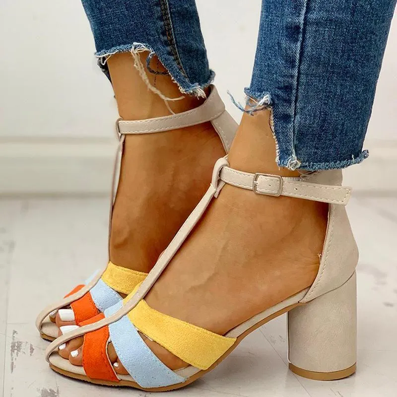 Ankle Buckled Colorblock Chunky Heeled Sandals
