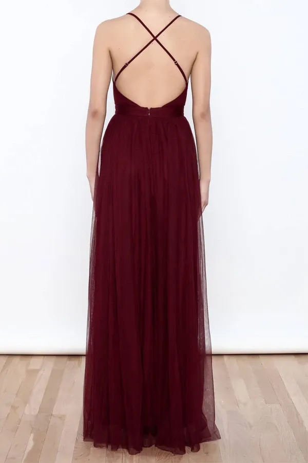 Anneprom Sexy Deep V Neck Tulle High Slit Burgundy Prom Dresses Evening Dresses APP0122