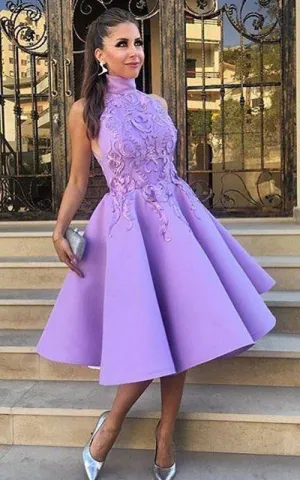 Applique A Line Sexy Purple High Neck Homecoming Dress