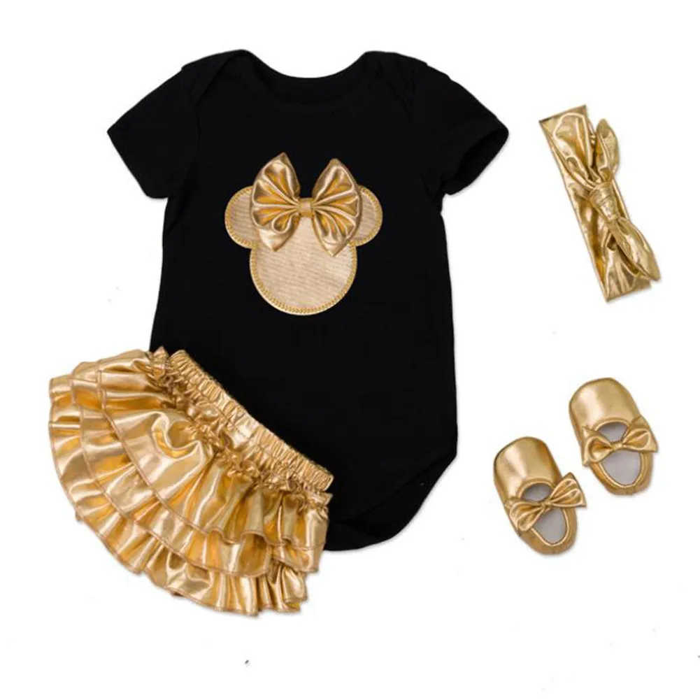Baby Girls Tiered Skirt Set Romper Skirt Headband Shoes 4PCS Outfits