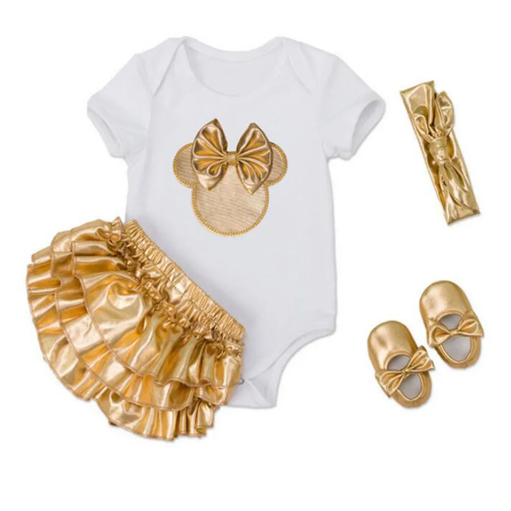 Baby Girls Tiered Skirt Set Romper Skirt Headband Shoes 4PCS Outfits