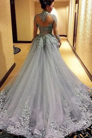 Ball Gown Princess Long Sleeves Tulle Gray Long Formal Prom Dresses OK815