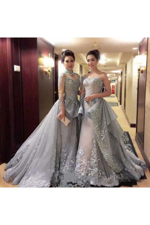 Ball Gown Princess Long Sleeves Tulle Gray Long Formal Prom Dresses OK815