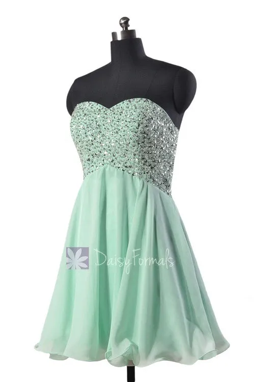 Beaded Empire Mini Length Prom Dress Sweetheart Mint Chiffon Evening Dress(PR140628)
