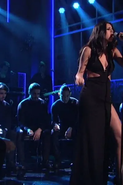Black Selena Gomez V Neck Cut Out Dress Slit Prom Celebrity Dress ‘Revival’ Performance