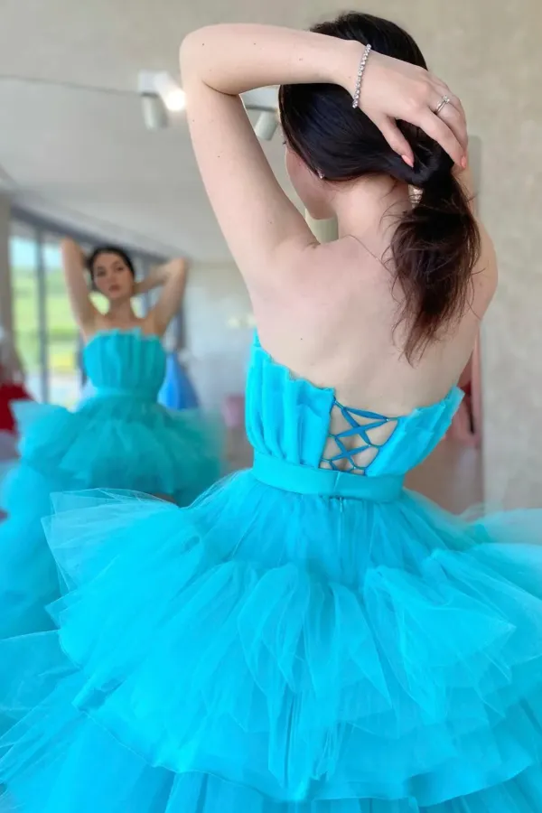 Blue Tulle High Low Prom Dress, A Line Strapless Party Dress APP0945