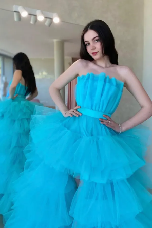 Blue Tulle High Low Prom Dress, A Line Strapless Party Dress APP0945