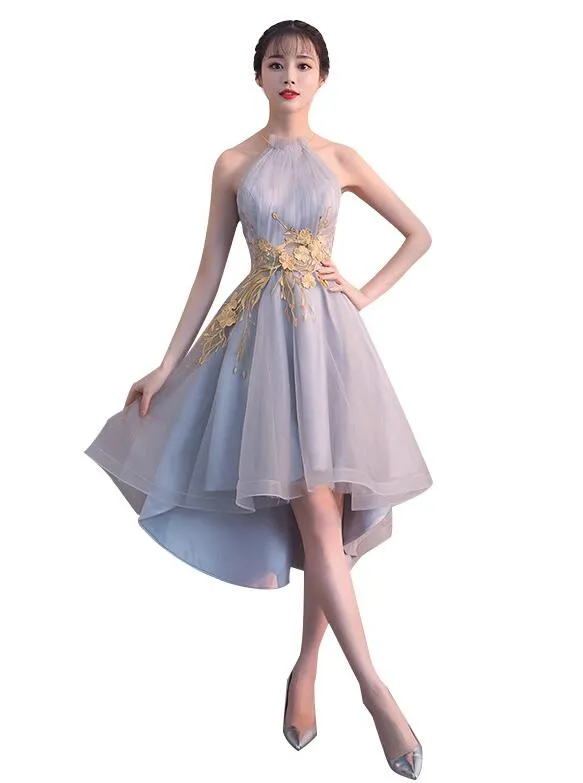 Charming Grey Halter High Low Party Dress, Homecoming Dress