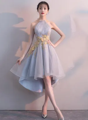Charming Grey Halter High Low Party Dress, Homecoming Dress