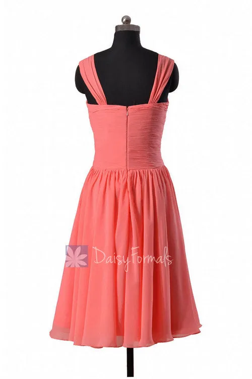 Coral Sweetheart Chiffon Bridesmaid Dress  Elegant Knee Length Party Dress w/ Straps(BM800)