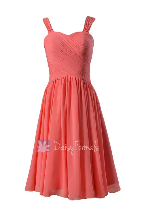 Coral Sweetheart Chiffon Bridesmaid Dress  Elegant Knee Length Party Dress w/ Straps(BM800)