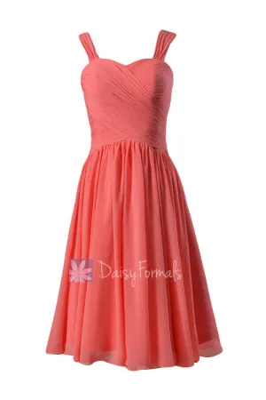 Coral Sweetheart Chiffon Bridesmaid Dress  Elegant Knee Length Party Dress w/ Straps(BM800)