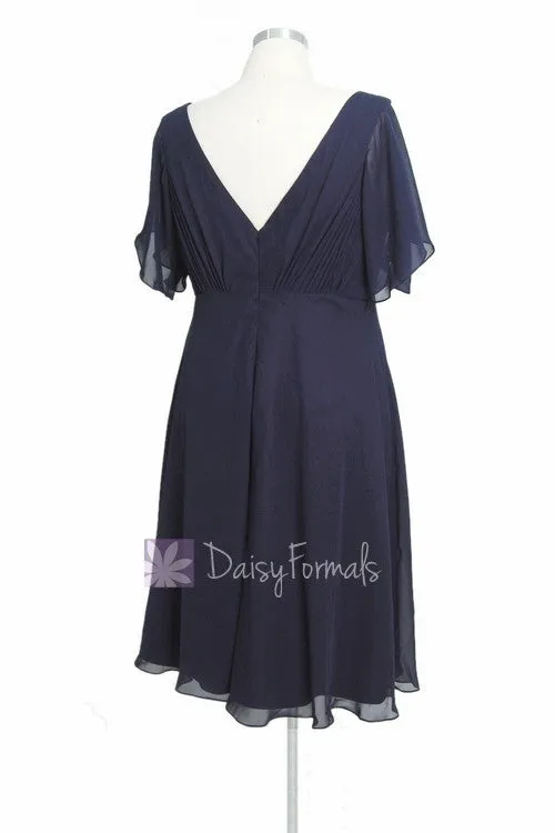Custom Plus Size Tea Length Bridesmaid Dress V-Neck Navy Chiffon Dress(BM526T)