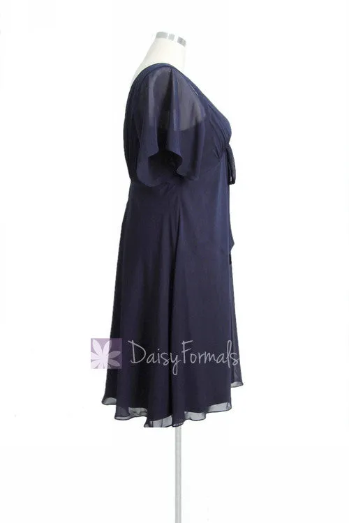 Custom Plus Size Tea Length Bridesmaid Dress V-Neck Navy Chiffon Dress(BM526T)