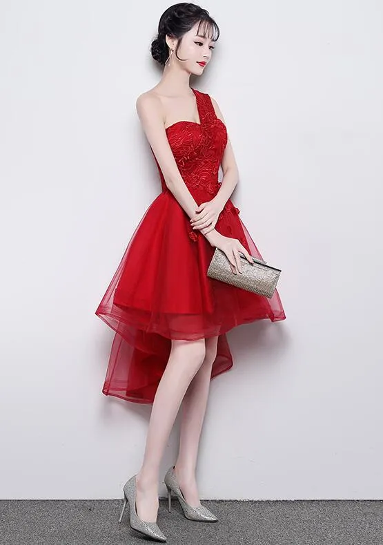Cute One Shoulder Sweetheart Tulle High Low Party Dress, Red Homecoming Dress