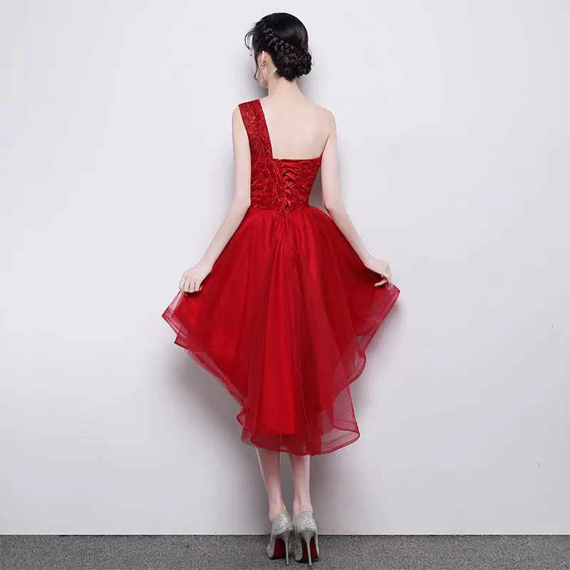 Cute One Shoulder Sweetheart Tulle High Low Party Dress, Red Homecoming Dress