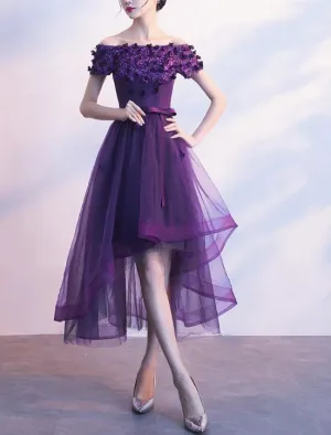 Dark Purple Off Shoulder High Low Dress, Beautiful Party Dresses