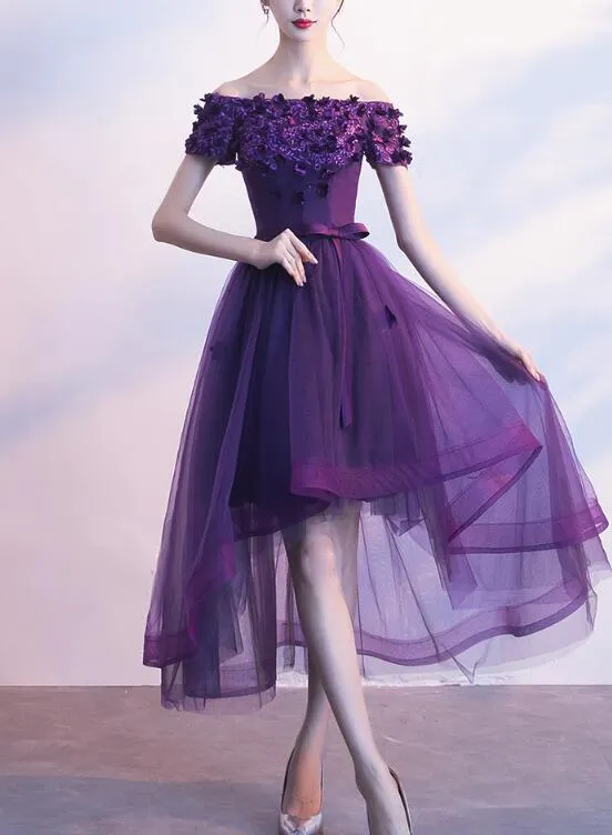 Dark Purple Off Shoulder High Low Dress, Beautiful Party Dresses