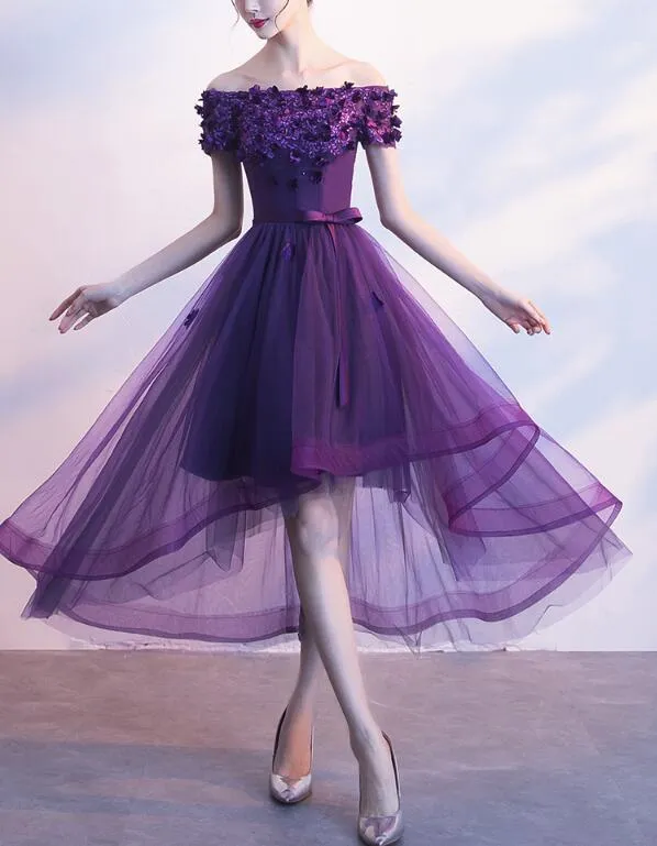 Dark Purple Off Shoulder High Low Dress, Beautiful Party Dresses