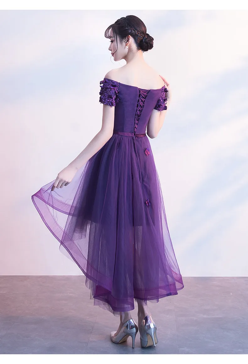 Dark Purple Off Shoulder High Low Dress, Beautiful Party Dresses