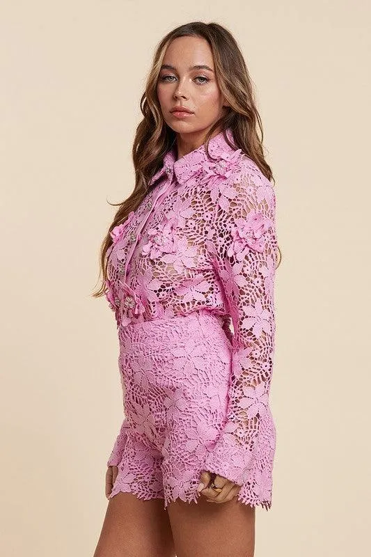 Elegance and Charm Pink Lace Shorts Set