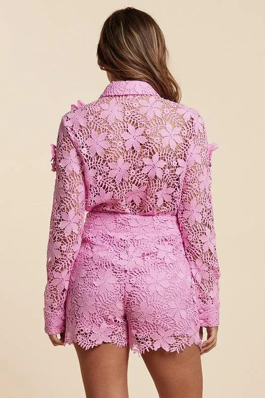 Elegance and Charm Pink Lace Shorts Set