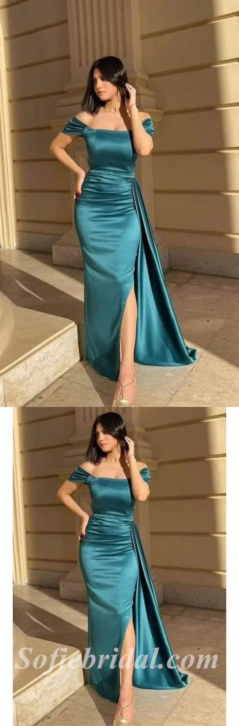 Elegant Satin Off Shoulder Square Sleeveless Side Slit Mermaid Long Prom Dresses With Trailing,SFPD0496