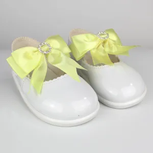 First Walker Shoes - White Hard Sole with Lemon Bow and Diamante