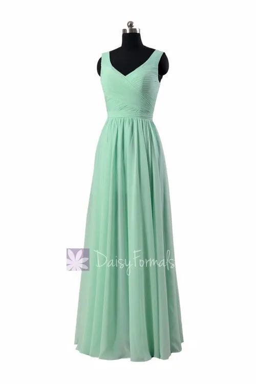 Floor Length Mint Green Chiffon Bridal Party Dress V-Neck Bridesmaid Dress(BCD3975L)