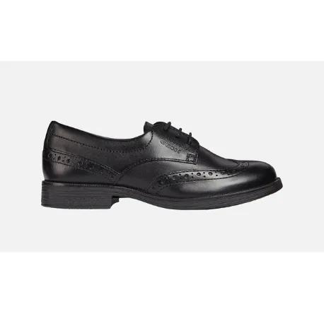 Geox Agata - Black Smooth Leather Lace Up School Shoe