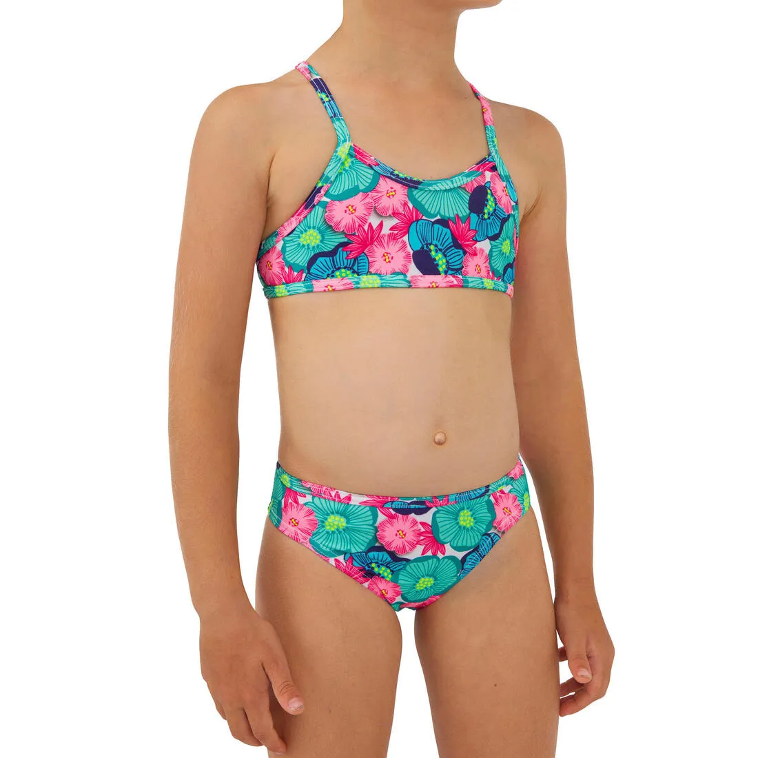 Girl’s 2-piece surf swimsuit floral with crossed straps