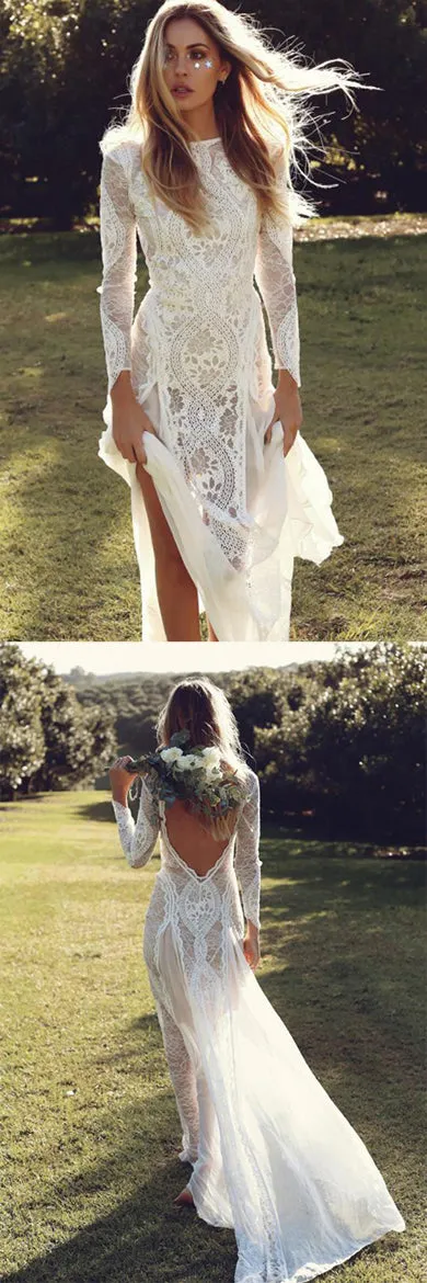 Gorgeous Ivory Long Sleeve Backless Sheath Lace Summer Beach Wedding Dresses, SW256