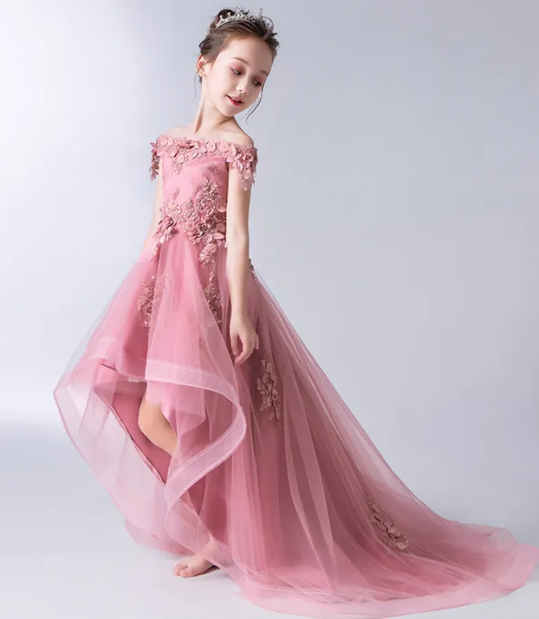 Gorgeous Off the Shoulder With Lace Appliques Sleeveless High Low Tulle Flower Girl Dresses APF0007