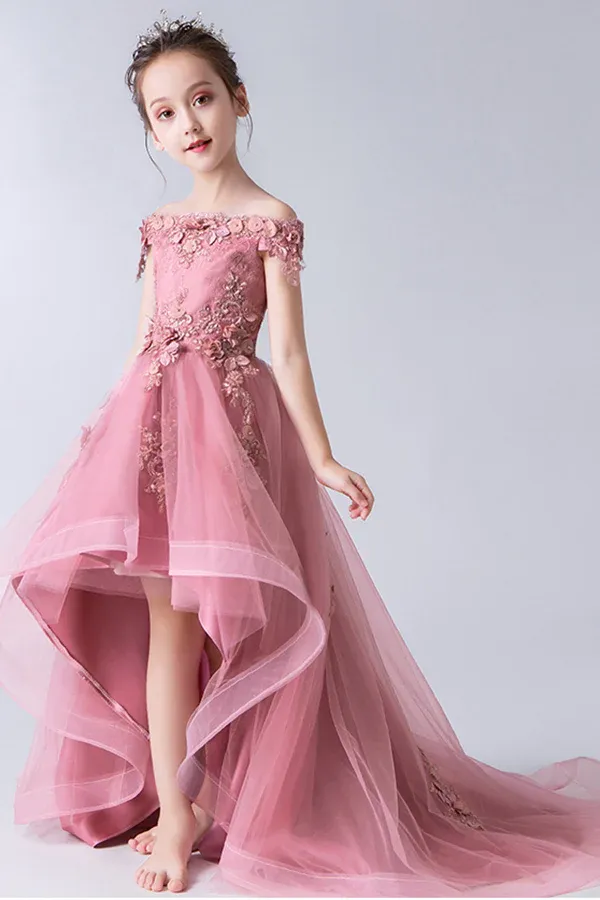 Gorgeous Off the Shoulder With Lace Appliques Sleeveless High Low Tulle Flower Girl Dresses APF0007