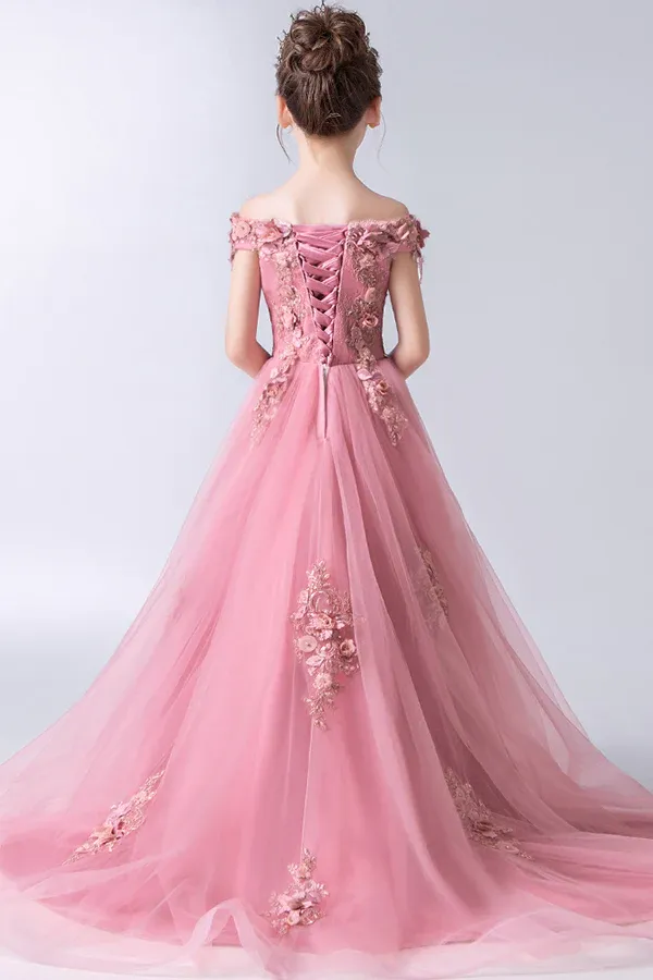 Gorgeous Off the Shoulder With Lace Appliques Sleeveless High Low Tulle Flower Girl Dresses APF0007