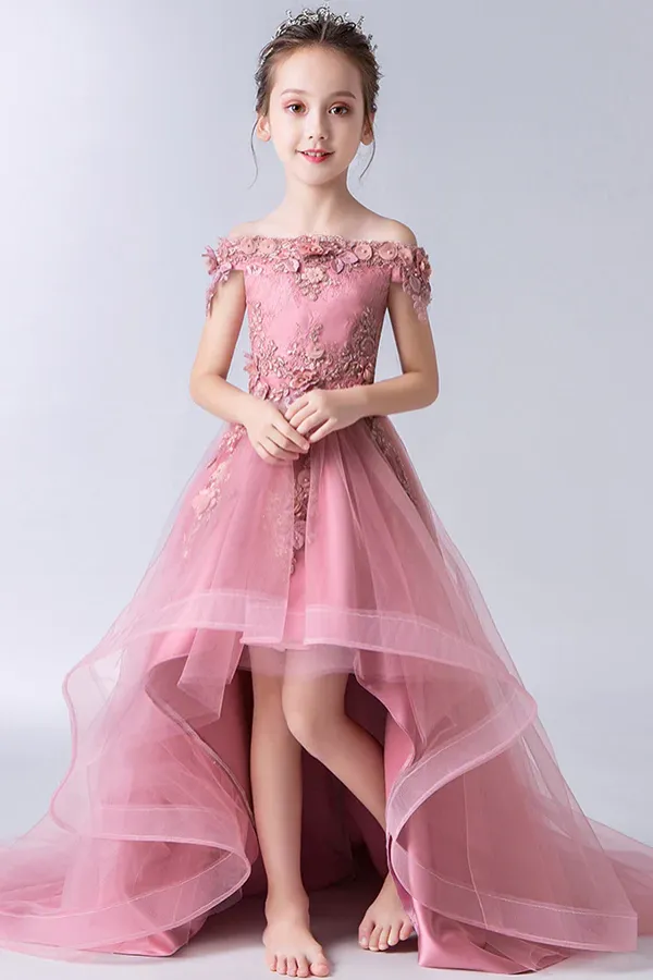 Gorgeous Off the Shoulder With Lace Appliques Sleeveless High Low Tulle Flower Girl Dresses APF0007