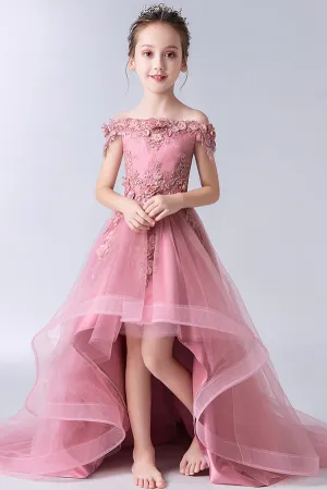 Gorgeous Off the Shoulder With Lace Appliques Sleeveless High Low Tulle Flower Girl Dresses APF0007