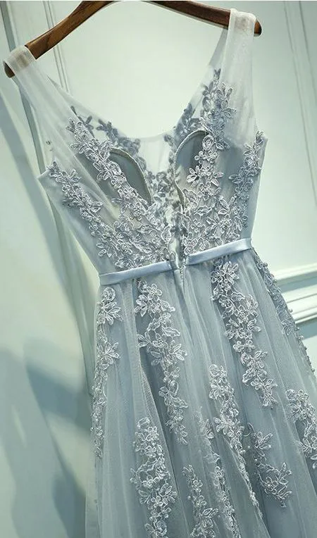 Grey Romantic Lace V-neckline Formal Gowns, Applique Long Prom Dress, High Quality Party Dress