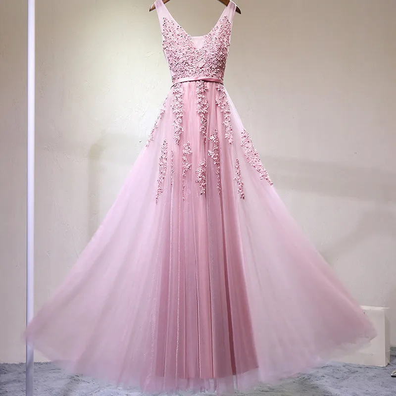 Grey Romantic Lace V-neckline Formal Gowns, Applique Long Prom Dress, High Quality Party Dress