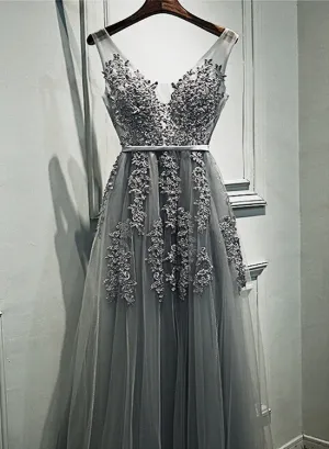 Grey Romantic Lace V-neckline Formal Gowns, Applique Long Prom Dress, High Quality Party Dress