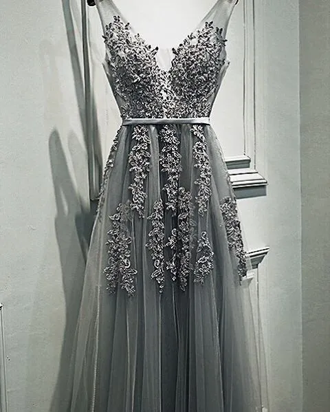 Grey Romantic Lace V-neckline Formal Gowns, Applique Long Prom Dress, High Quality Party Dress