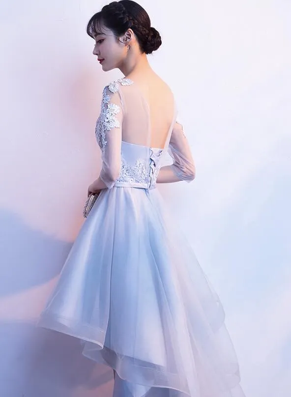 Grey Short Sleeves High Low Party Dress, Lace-up Backless Formal Dress