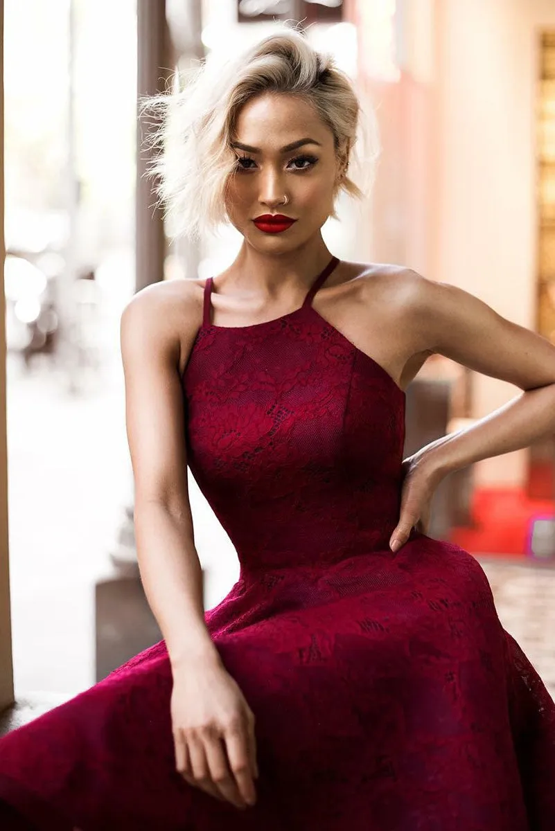 Halter Elegant High-low Burgundy Red Lace Homecoming Dresses, CM511