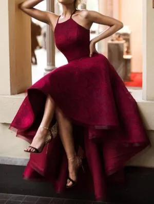 Halter Elegant High-low Burgundy Red Lace Homecoming Dresses, CM511